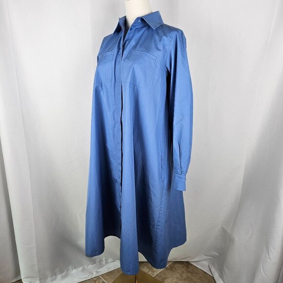 MaxMara Midi Shirt Dress Sz 10 Blue Cotton Side Pockets Swing Long Sleeve - Picture 4 of 13